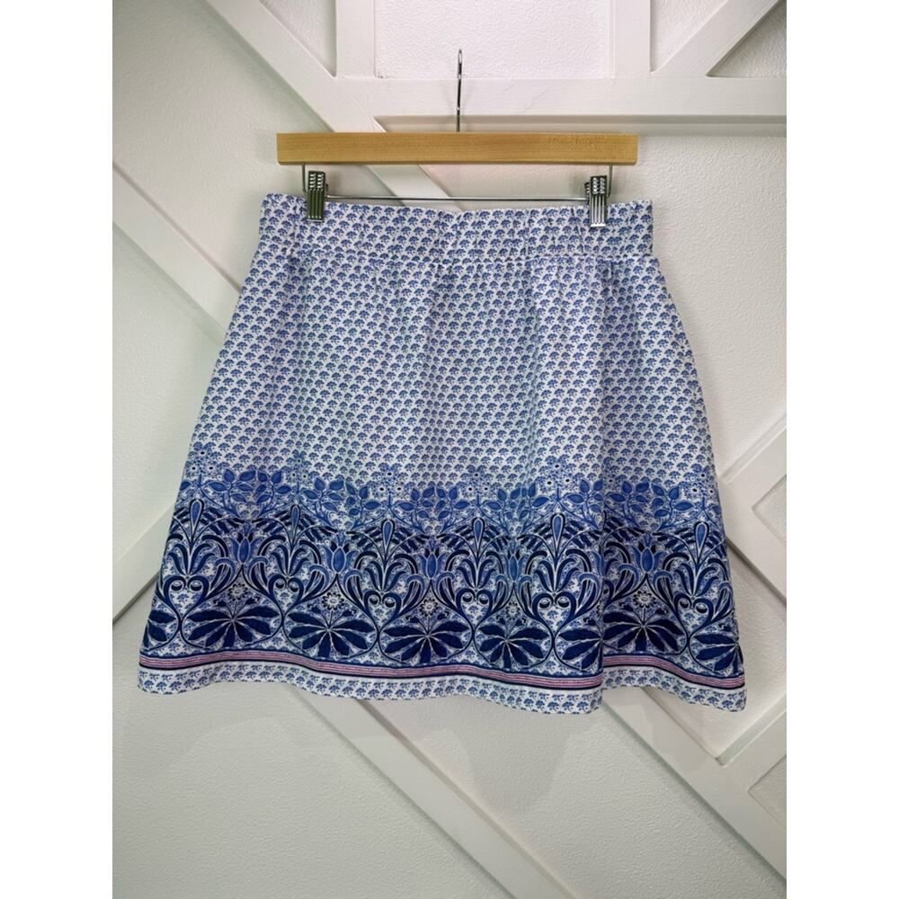 Tommy Bahama Linen Skirt Blue White Floral Border Print Elastic Waist Sz Small - Picture 5 of 8